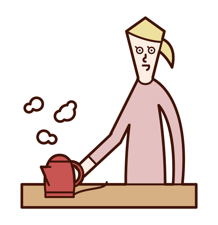 用電熱水壺煮沸的人（女性）的插圖