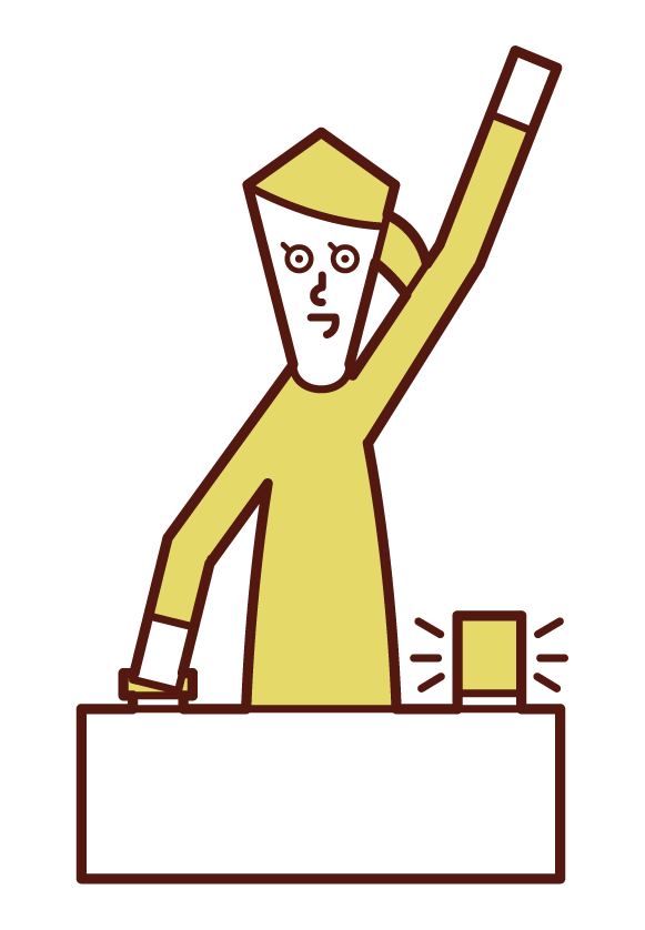 Illustration of a person (female) who answers a quiz by pressing a button