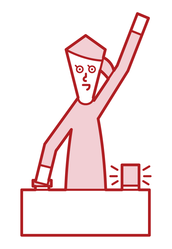 Illustration of a person (female) who answers a quiz by pressing a button