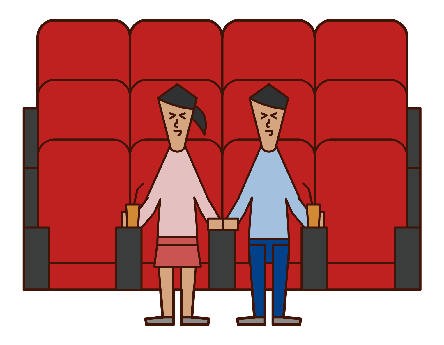 Illustrations of people laughing while watching movies in movie theaters