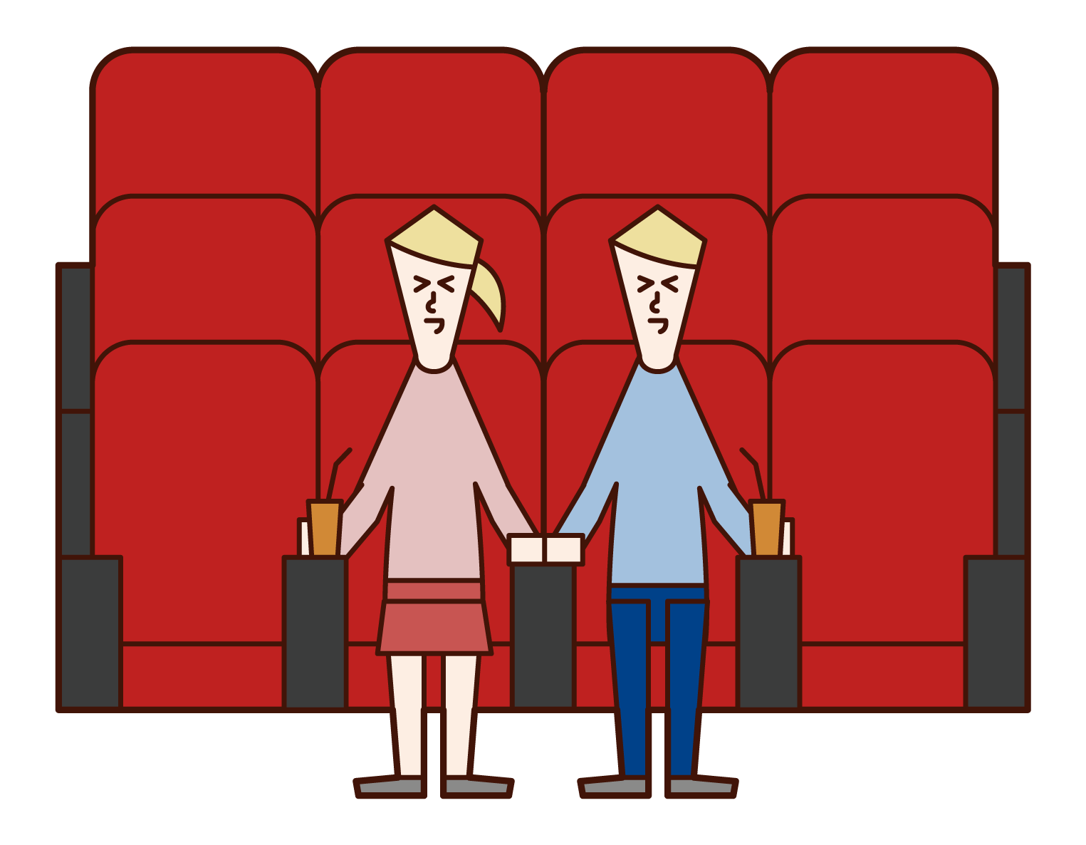 Illustrations of people laughing while watching movies in movie theaters