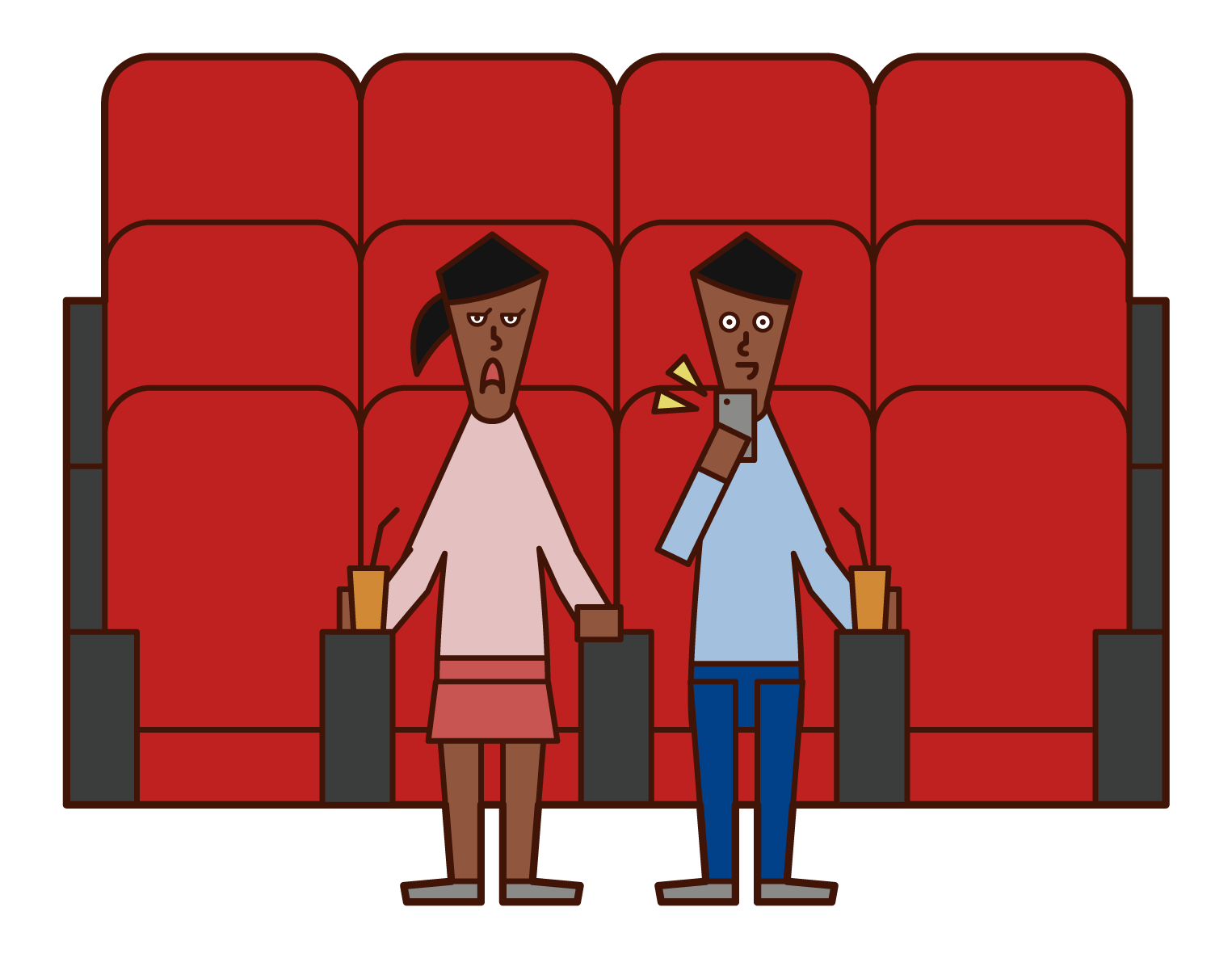 Illustration of a man using a smartphone in a movie theater