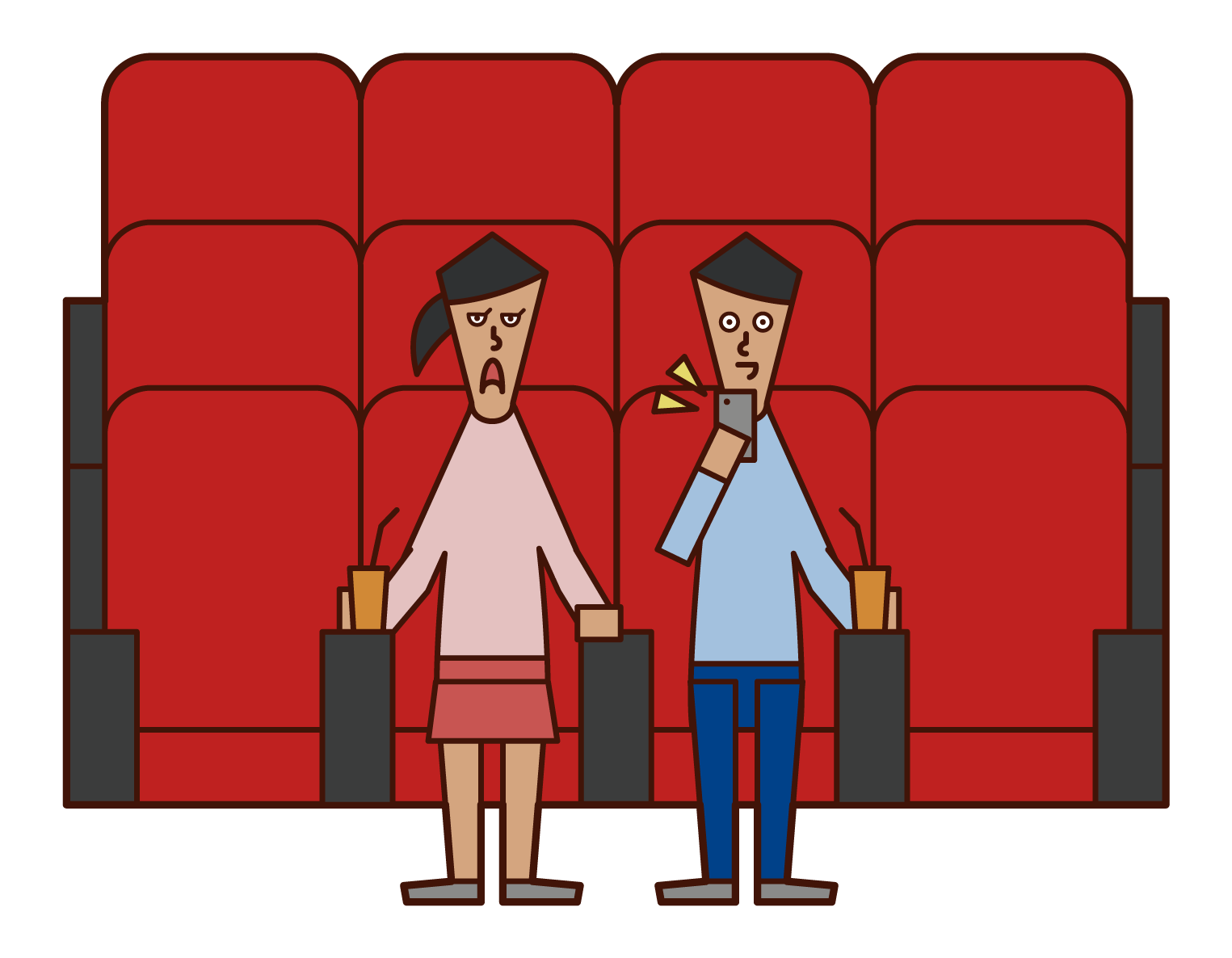 在電影院使用智能手機的人（男性）的插圖
