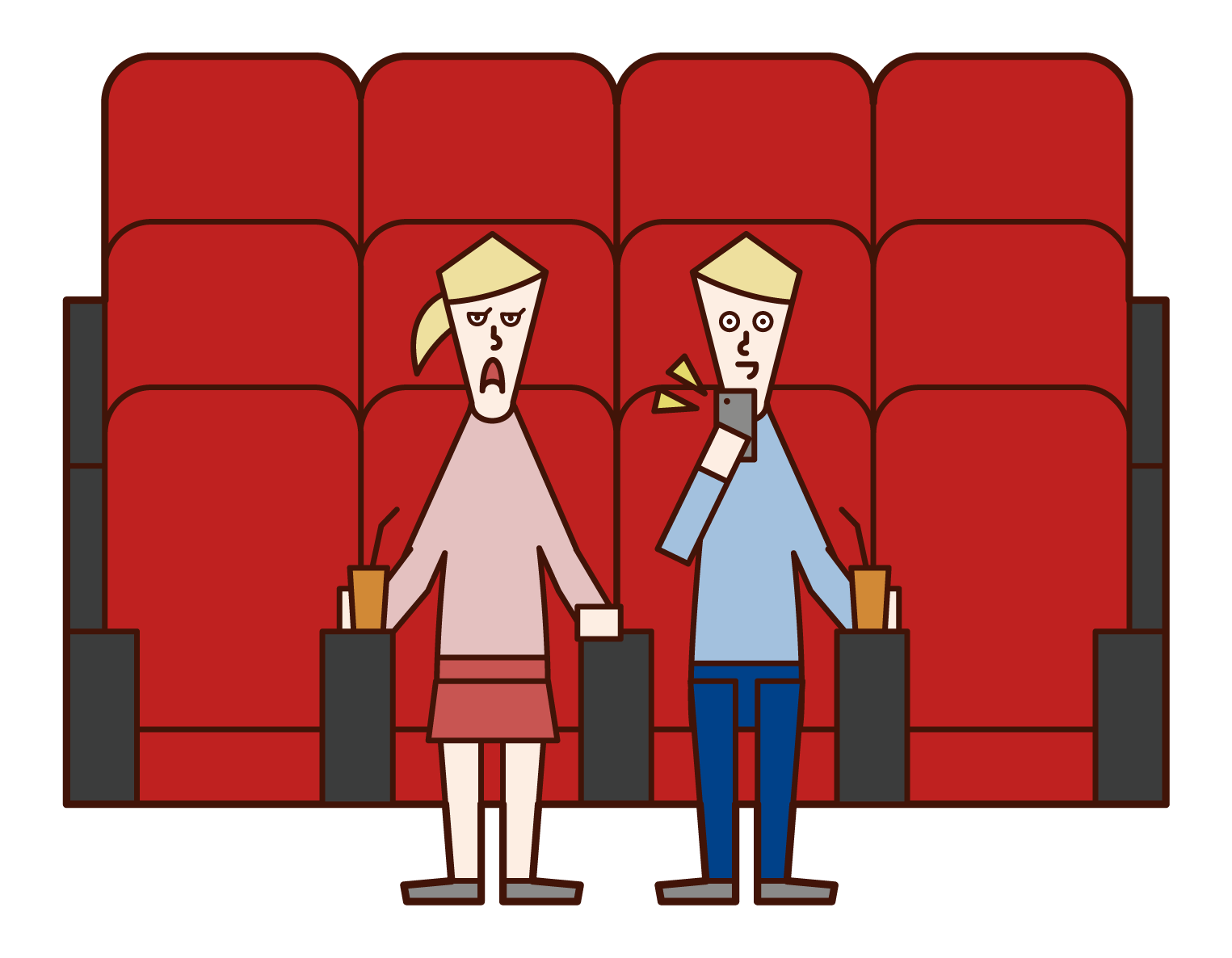 在電影院使用智能手機的人（男性）的插圖