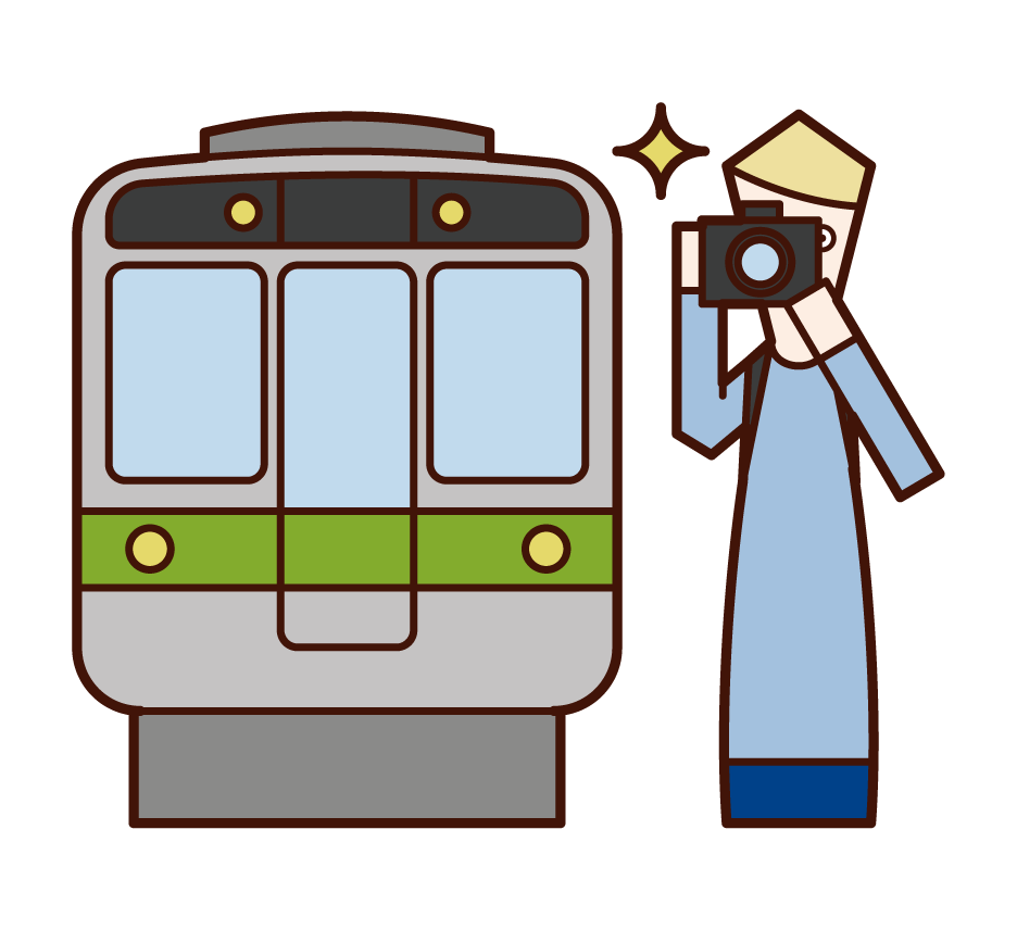Illustration of a man taking a picture of a train with a camera