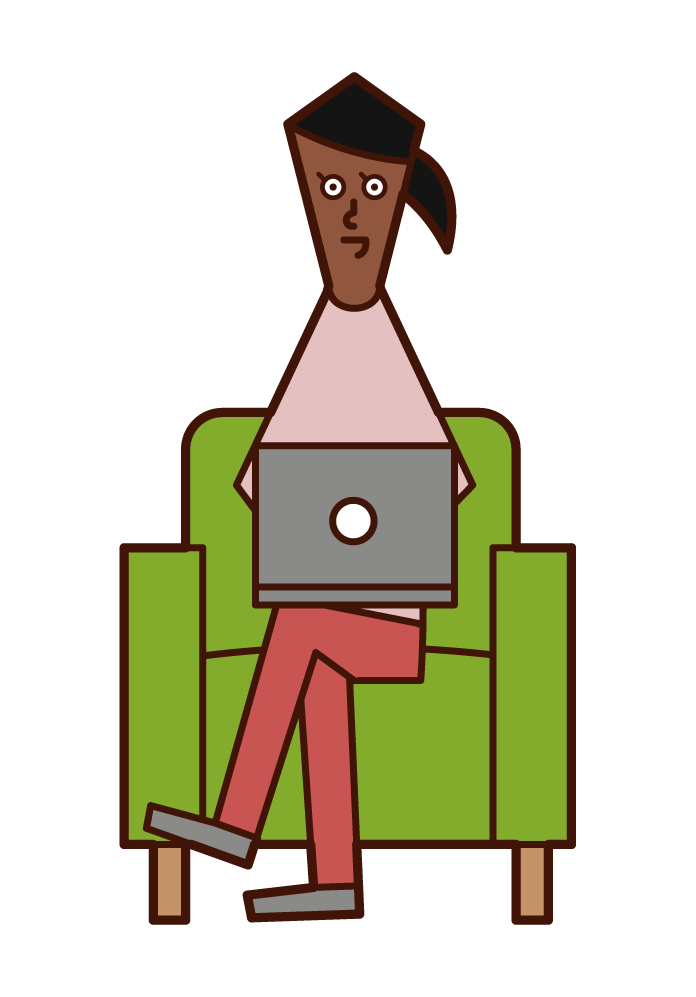 ソファに座ってパソコンを使う人（女性）のイラスト