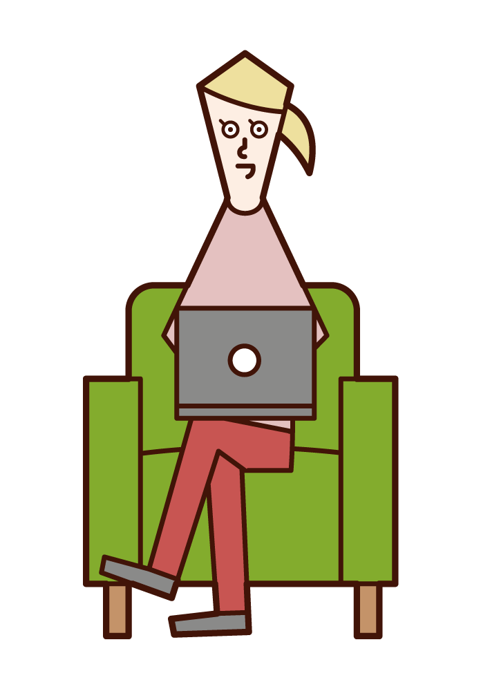 소파에 앉아 컴퓨터를 사용하는 사람 (여성)의 그림