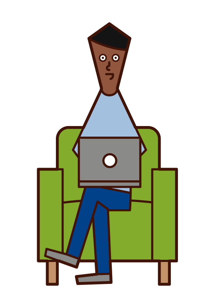 ソファに座ってパソコンを使う人（男性）のイラスト