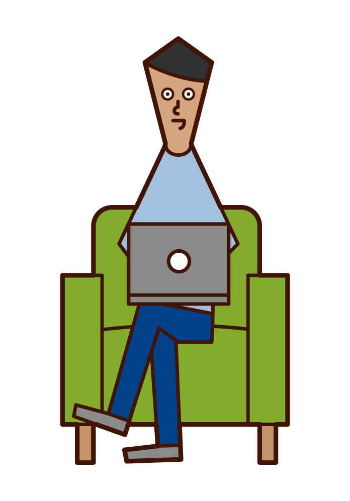 ソファに座ってパソコンを使う人（男性）のイラスト