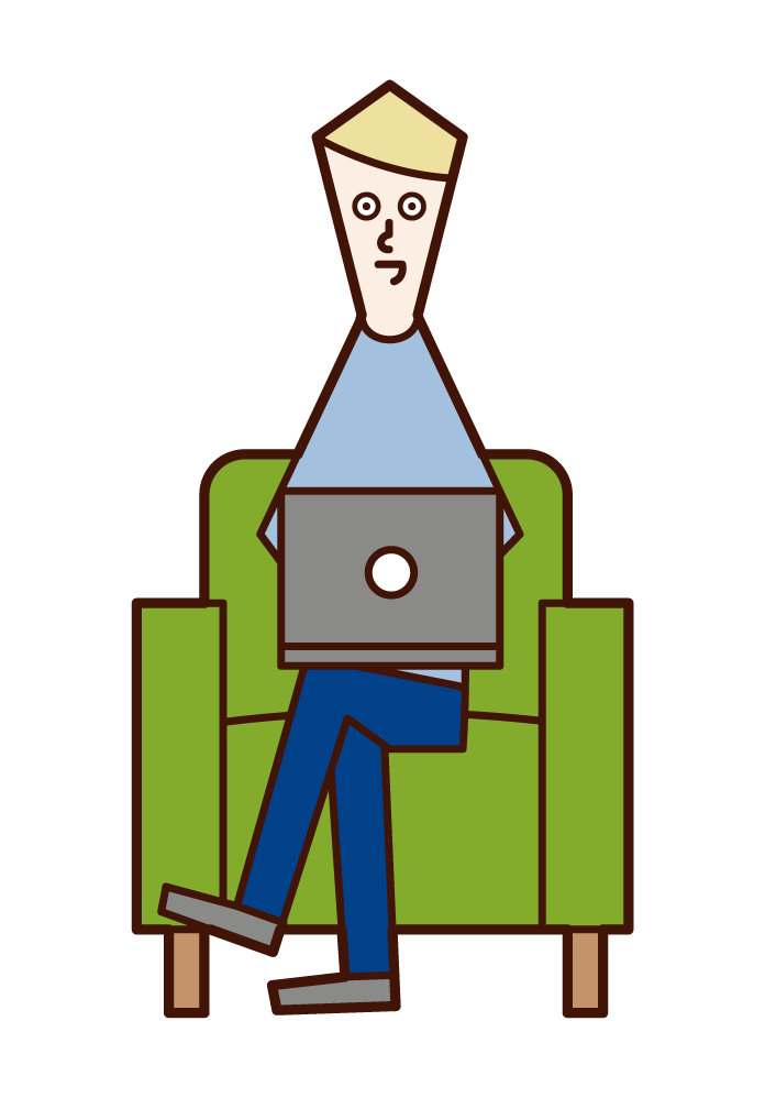 Illustration of a man sitting on a sofa and using a computer