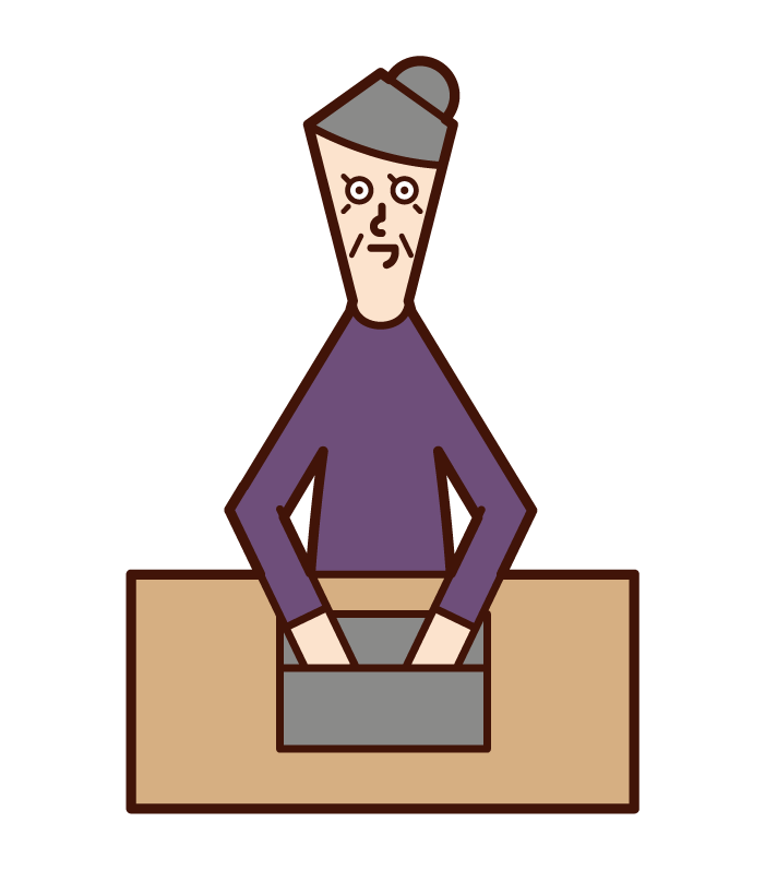 Illustration of an elderly person (grandmother) working using a computer