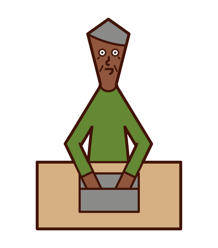 Illustration of an elderly person (grandfather) working using a computer