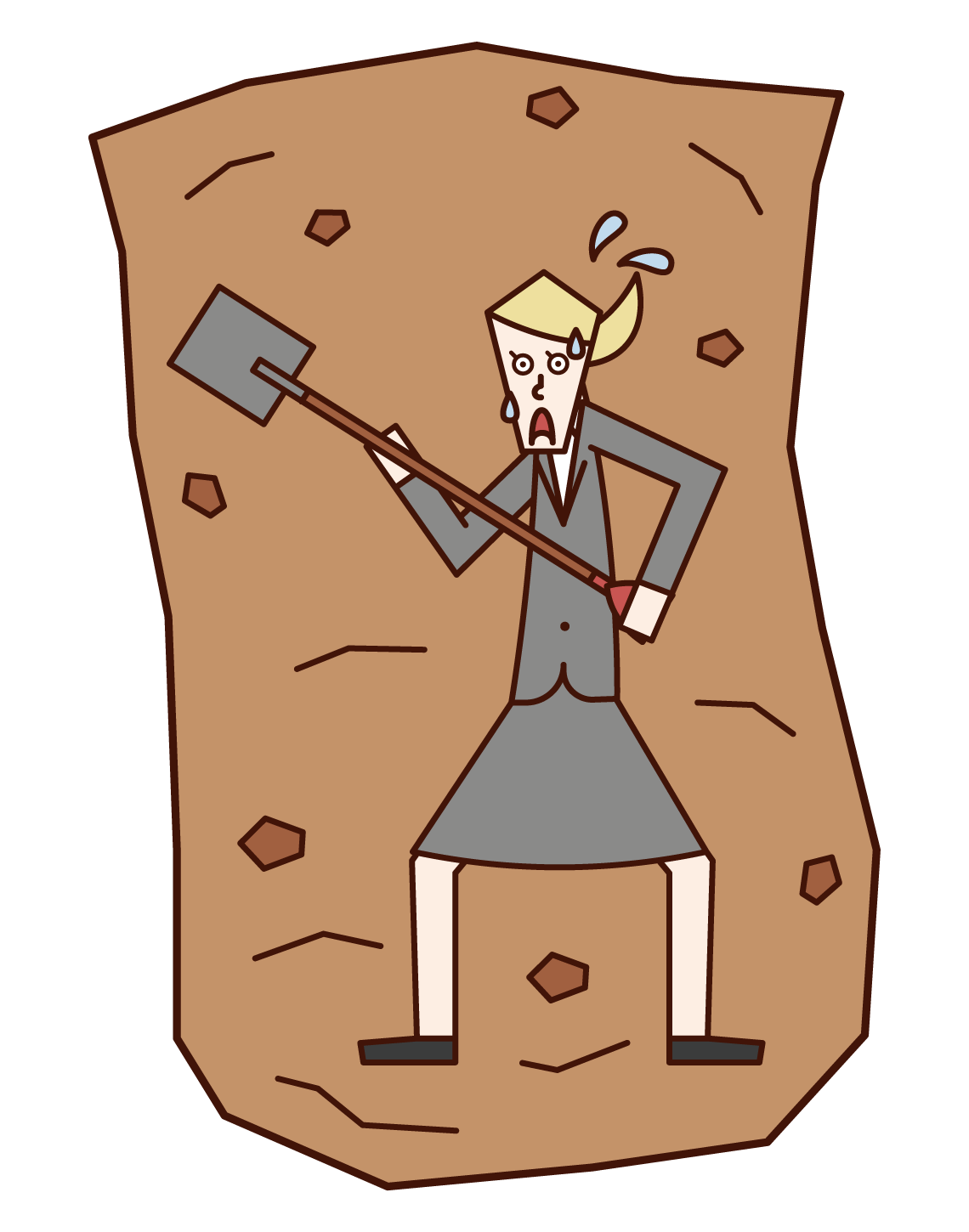 金脈を求めて穴を掘る人（女性）のイラスト