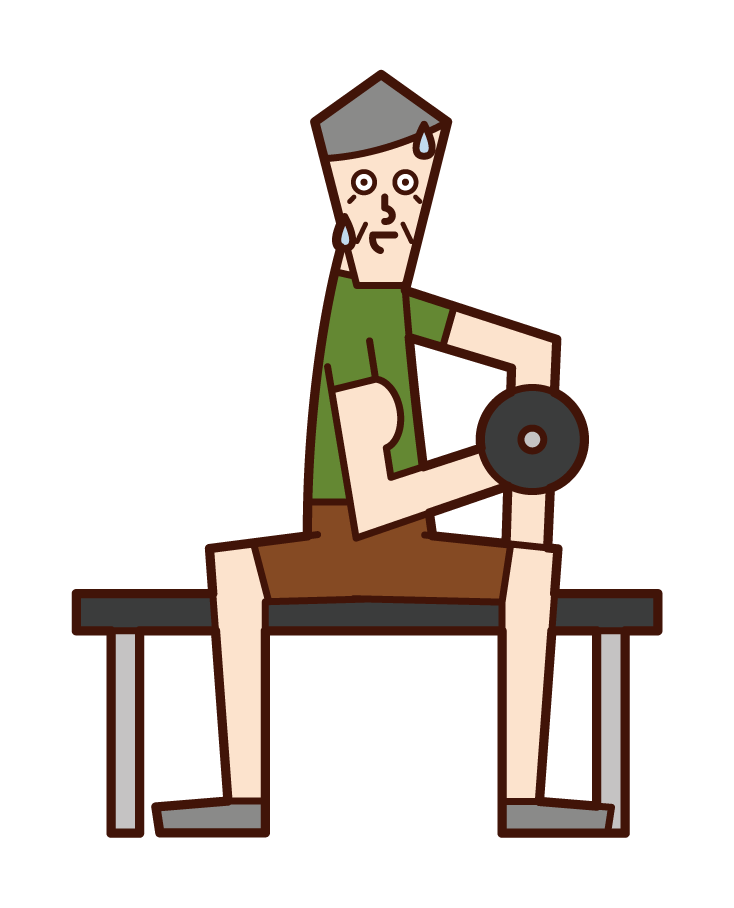 Illustration of a person (grandfather) training with dumbbells