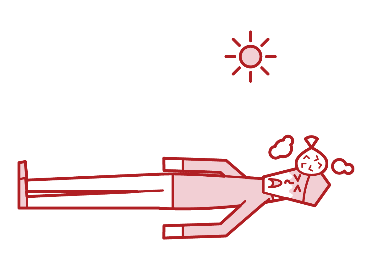 Illustration of a heat stroke patient (male) receiving first aid