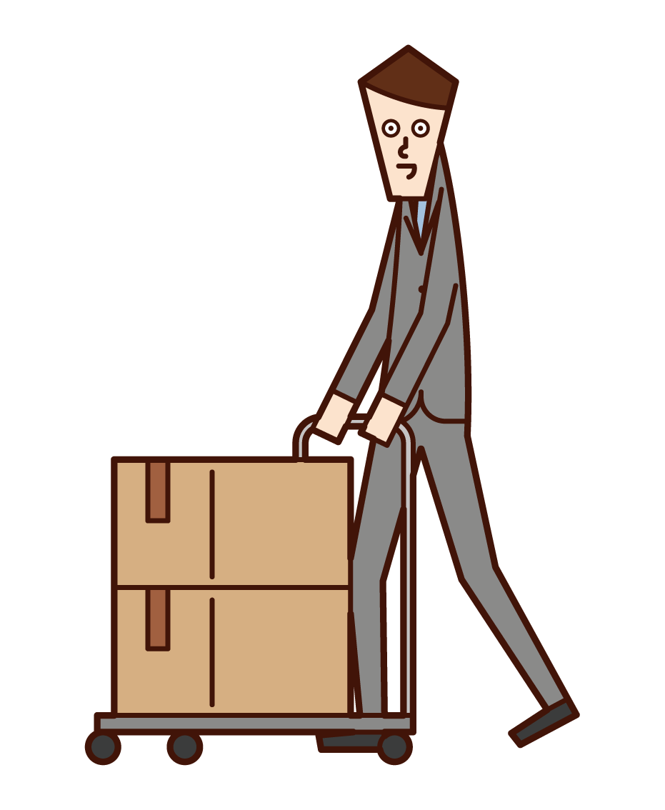 Illustration of a man carrying luggage in a trolley
