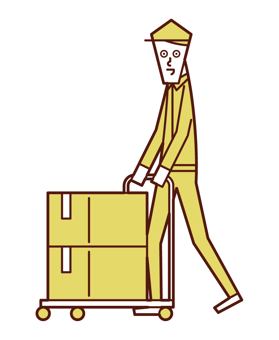 台車で荷物を運ぶ人（男性）のイラスト