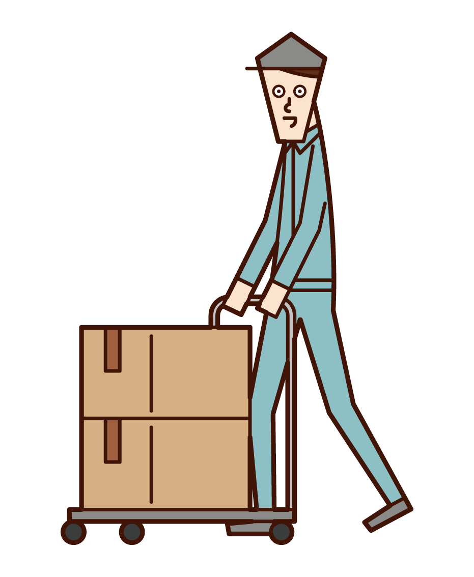 Illustration of a man carrying luggage in a trolley
