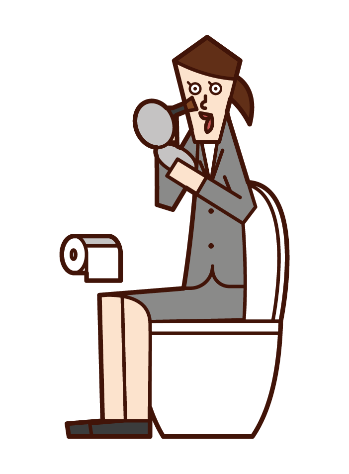 Illustration of a woman changing makeup in the toilet