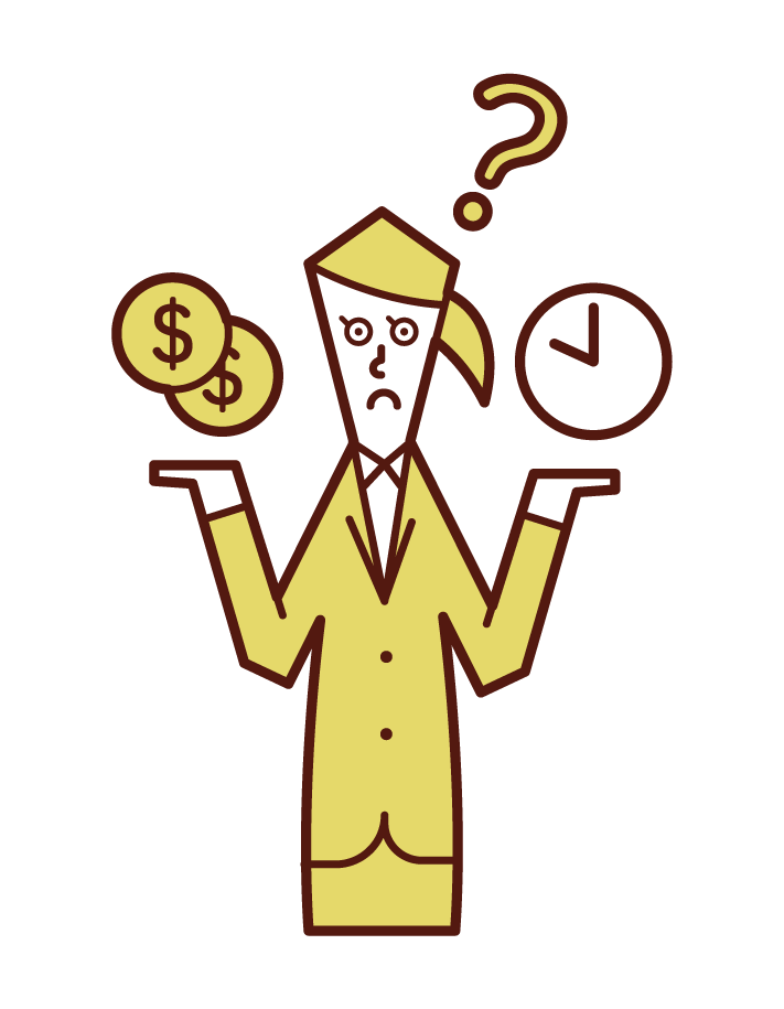 Illustration of a person (female) comparing the importance of money and time