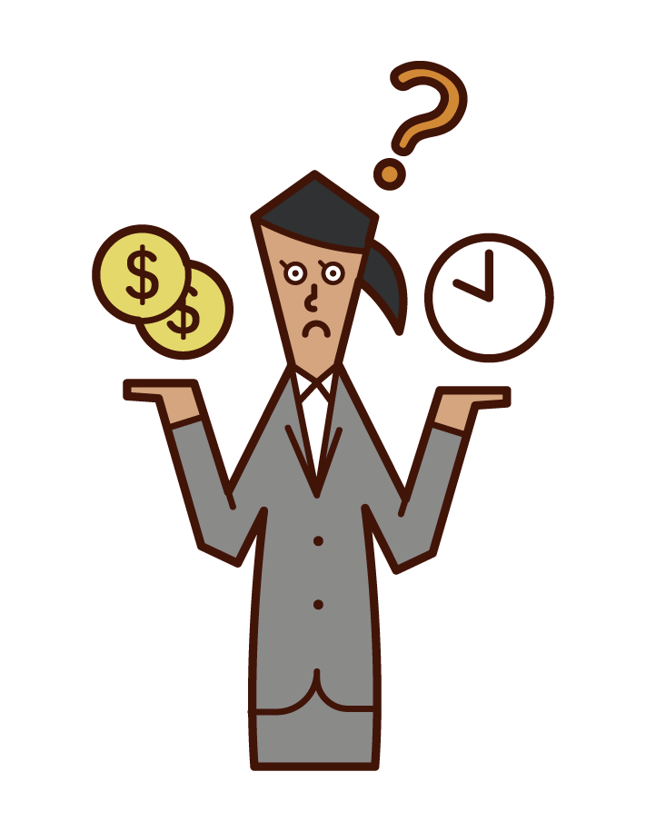 Illustration of a person (female) comparing the importance of money and time