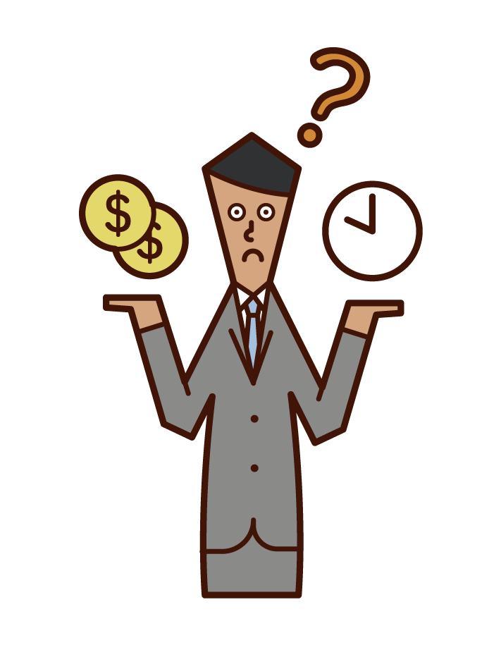 お金と時間の重要度を比較する人（男性）のイラスト