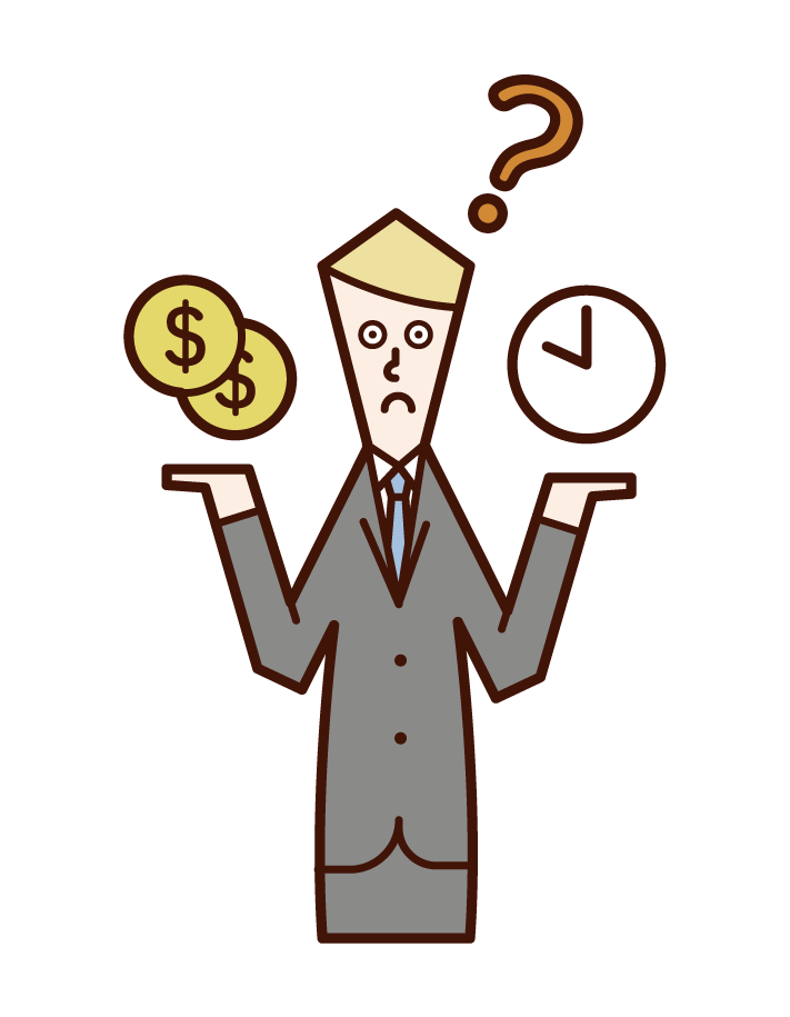Illustration of a person (male) comparing the importance of money and time