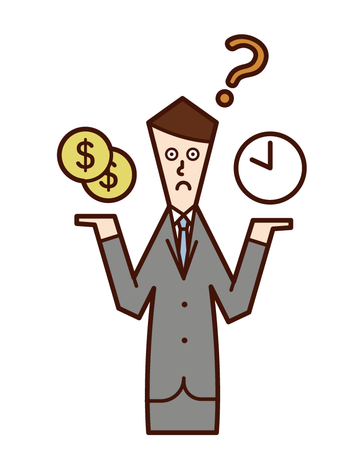 Illustration of a person (male) comparing the importance of money and time
