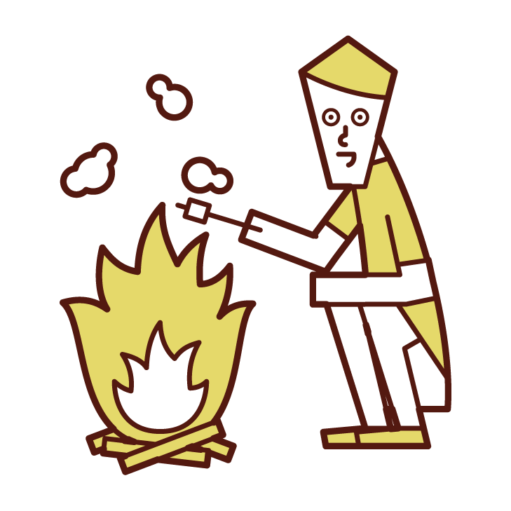 在篝火上烤棉花糖的人（男性）的插圖