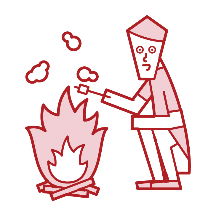 在篝火上烤棉花糖的人（男性）的插圖