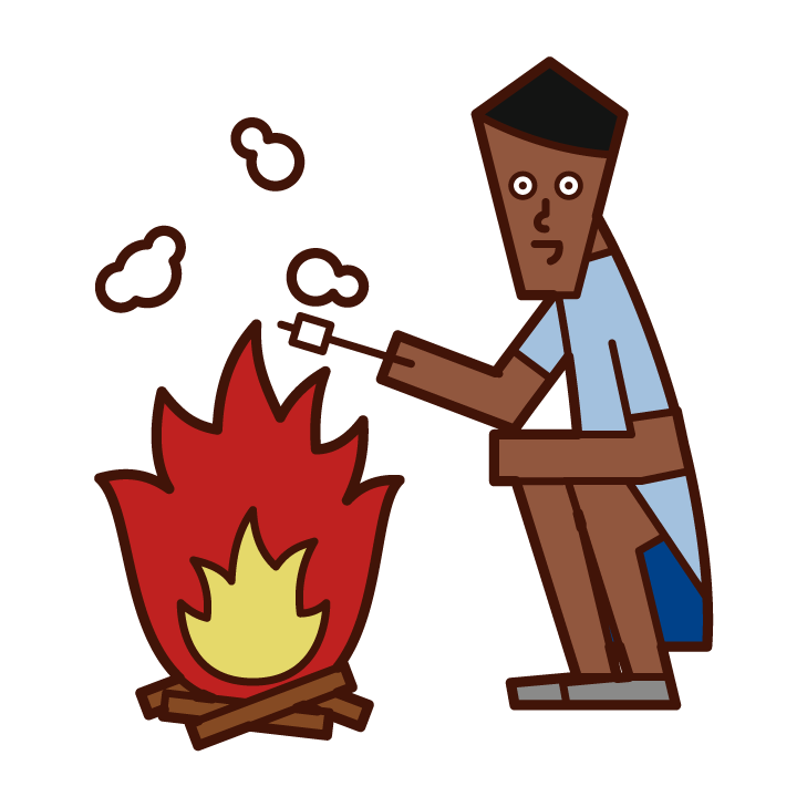 Illustration of a man (man) baking marshmallows on a bonfire