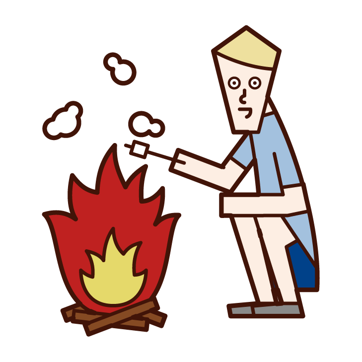 Illustration of a man (man) baking marshmallows on a bonfire
