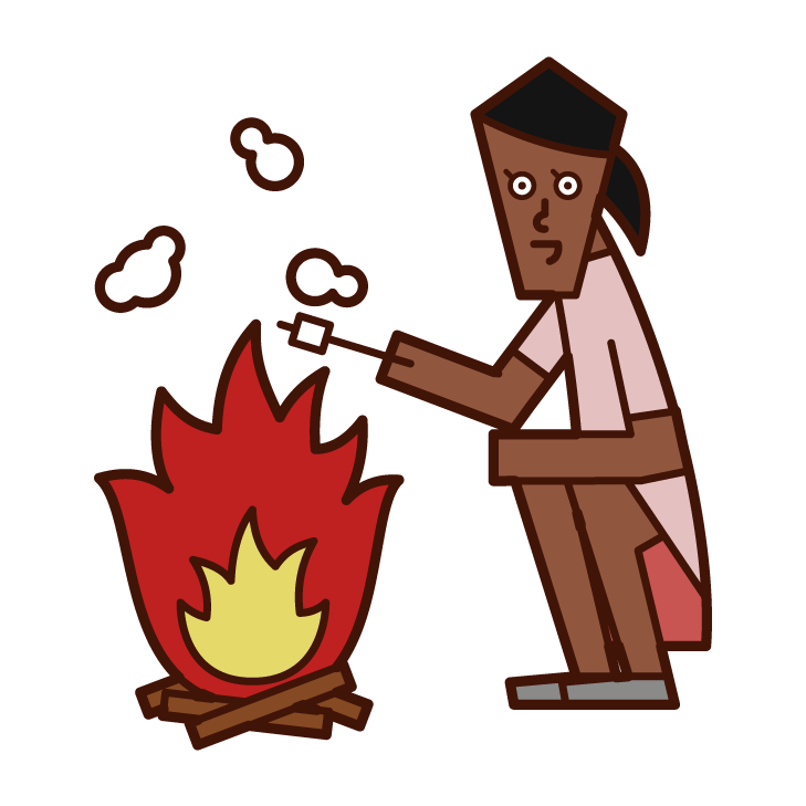 焚火でマシュマロを焼く人（女性）のイラスト