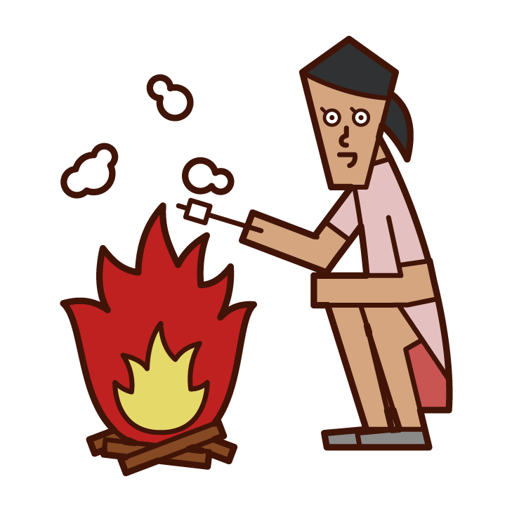 焚火でマシュマロを焼く人（女性）のイラスト