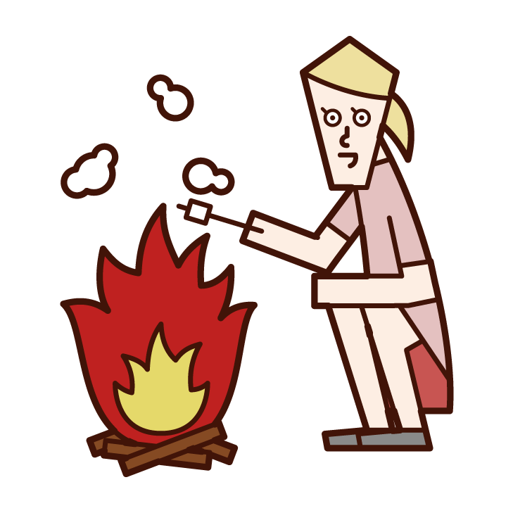 在篝火上烤棉花糖的人（女性）的插圖