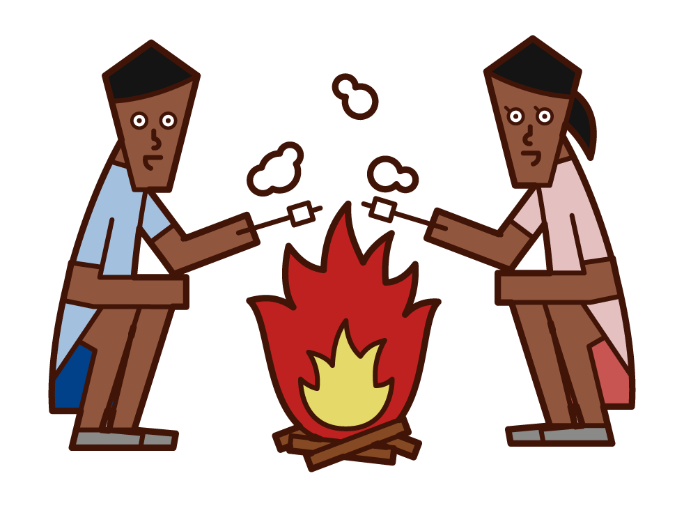在篝火上烤棉花糖的人的插圖