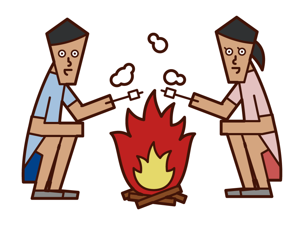 在篝火上烤棉花糖的人的插圖