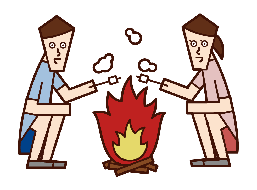 焚火でマシュマロを焼く人たちのイラスト