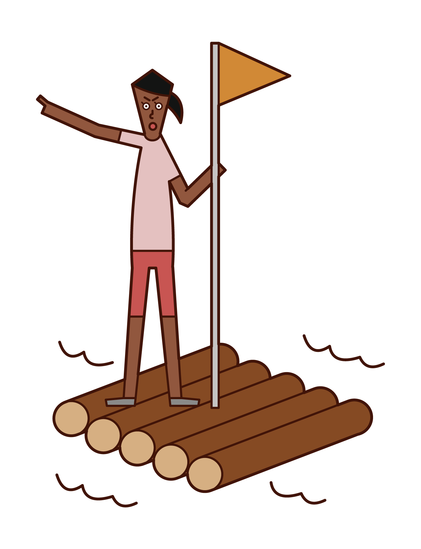 筏に乗って旅をする人（女性）のイラスト