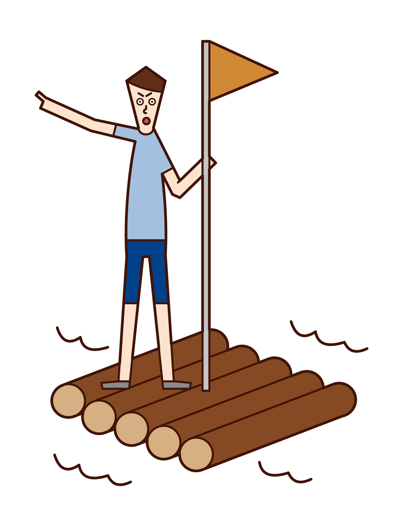 筏に乗って旅をする人（男性）のイラスト