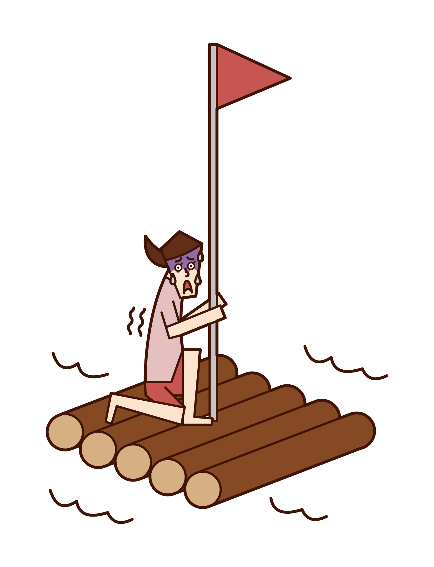 筏の上で怯える人（女性）のイラスト
