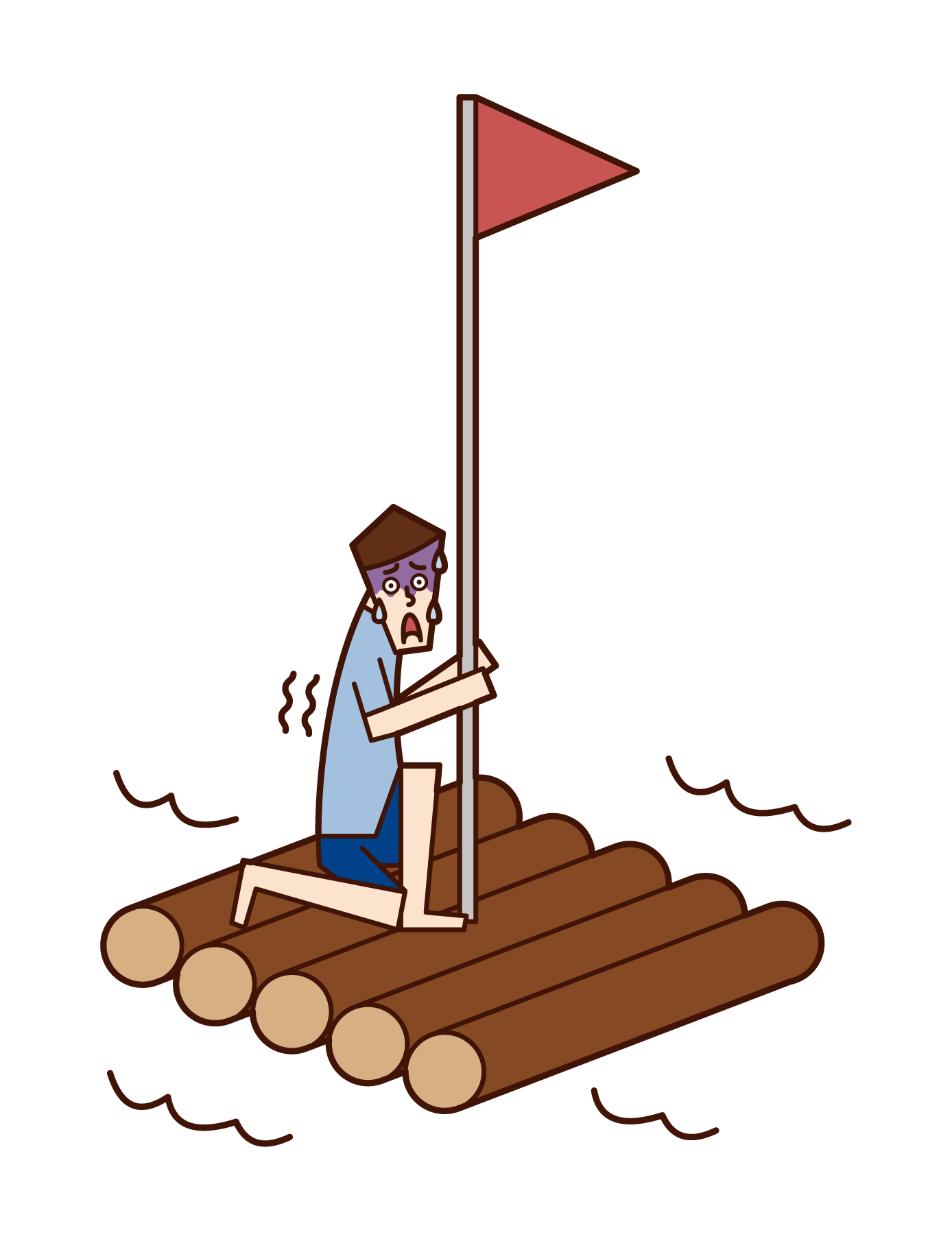 Illustration of a frightened man on a raft