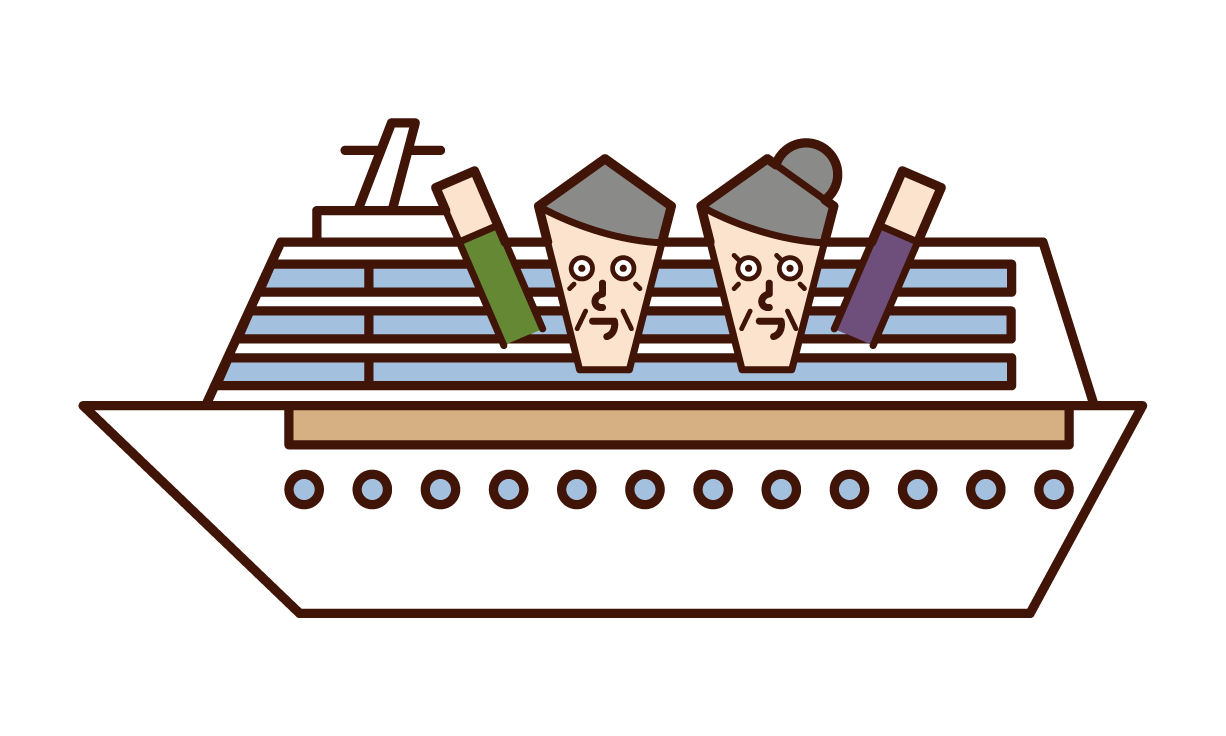 여객선에 탑승한 승객(노인)의 일러스트레이션입니다