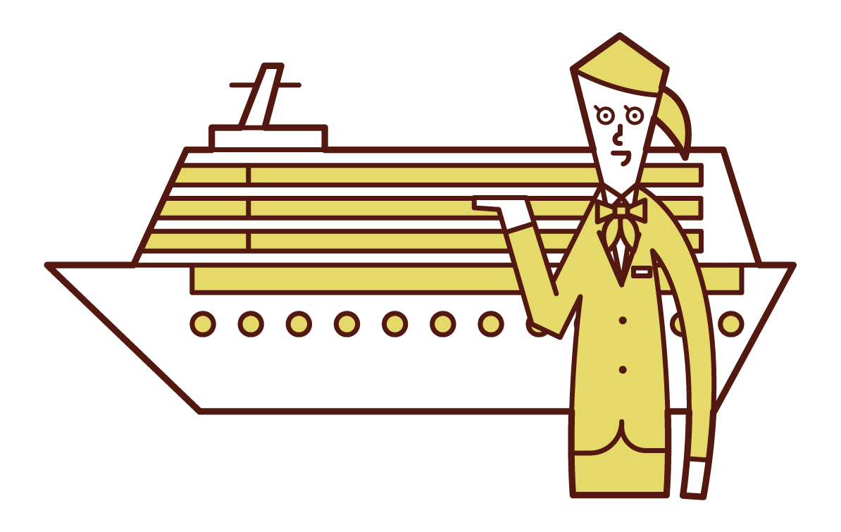 Illustration of a passenger ship and a flight attendant (female)