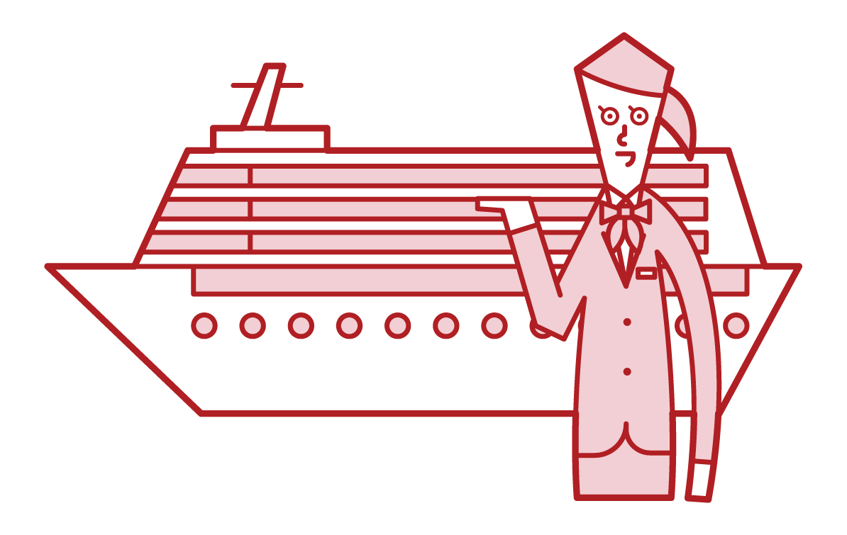 Illustration of a passenger ship and a flight attendant (female)