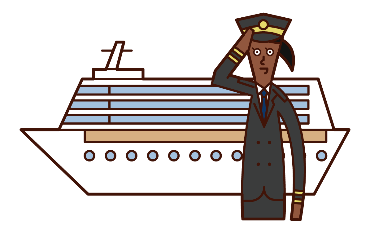 Illustration of a passenger ship and a captain (female)