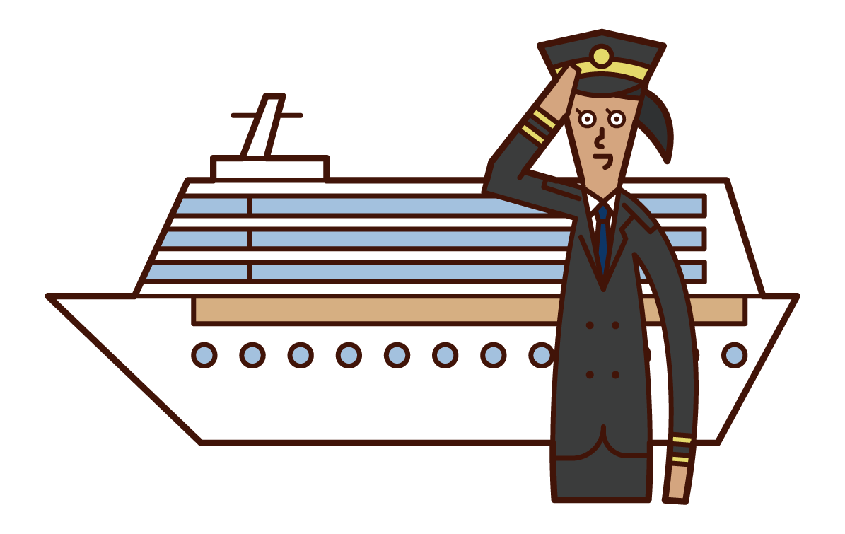 客船と船長（女性）のイラスト