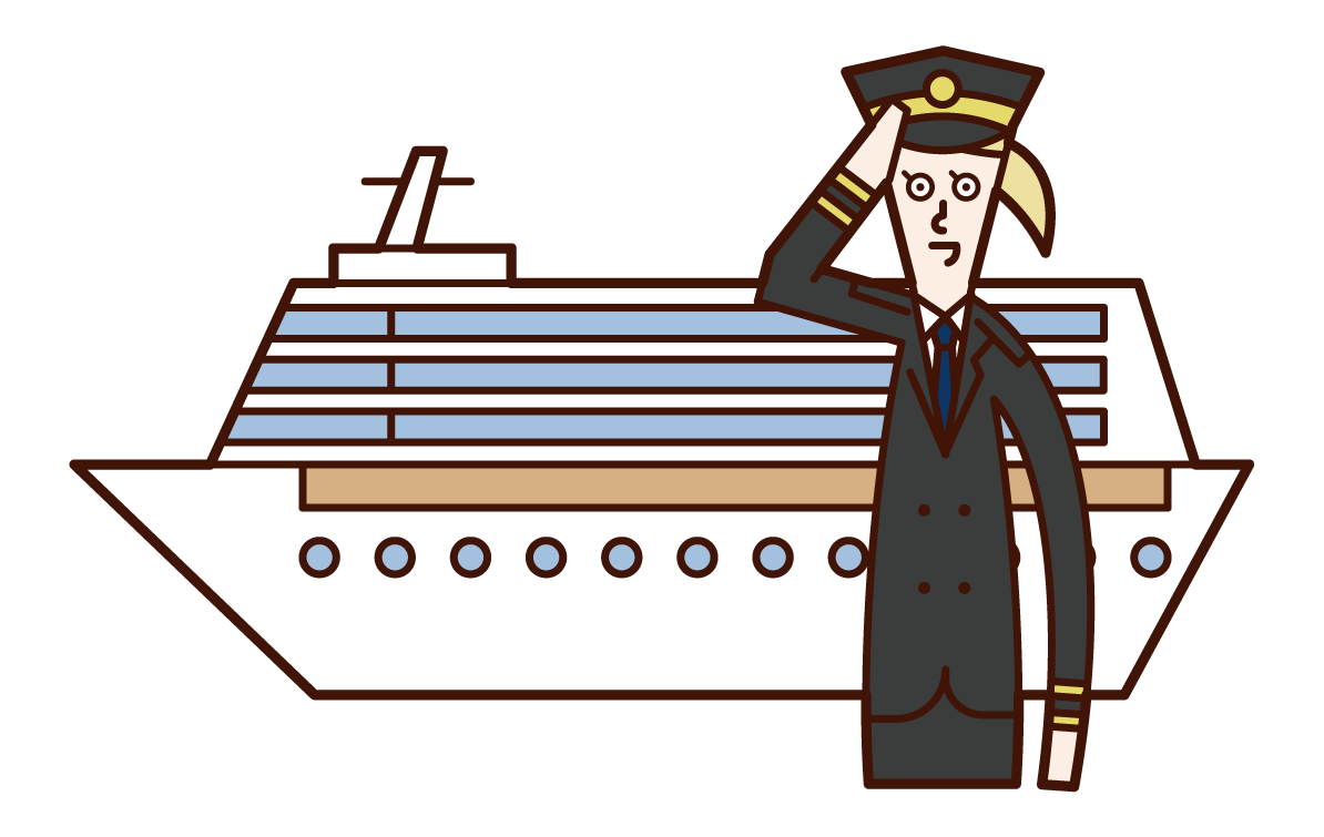 Illustration of a passenger ship and a captain (female)