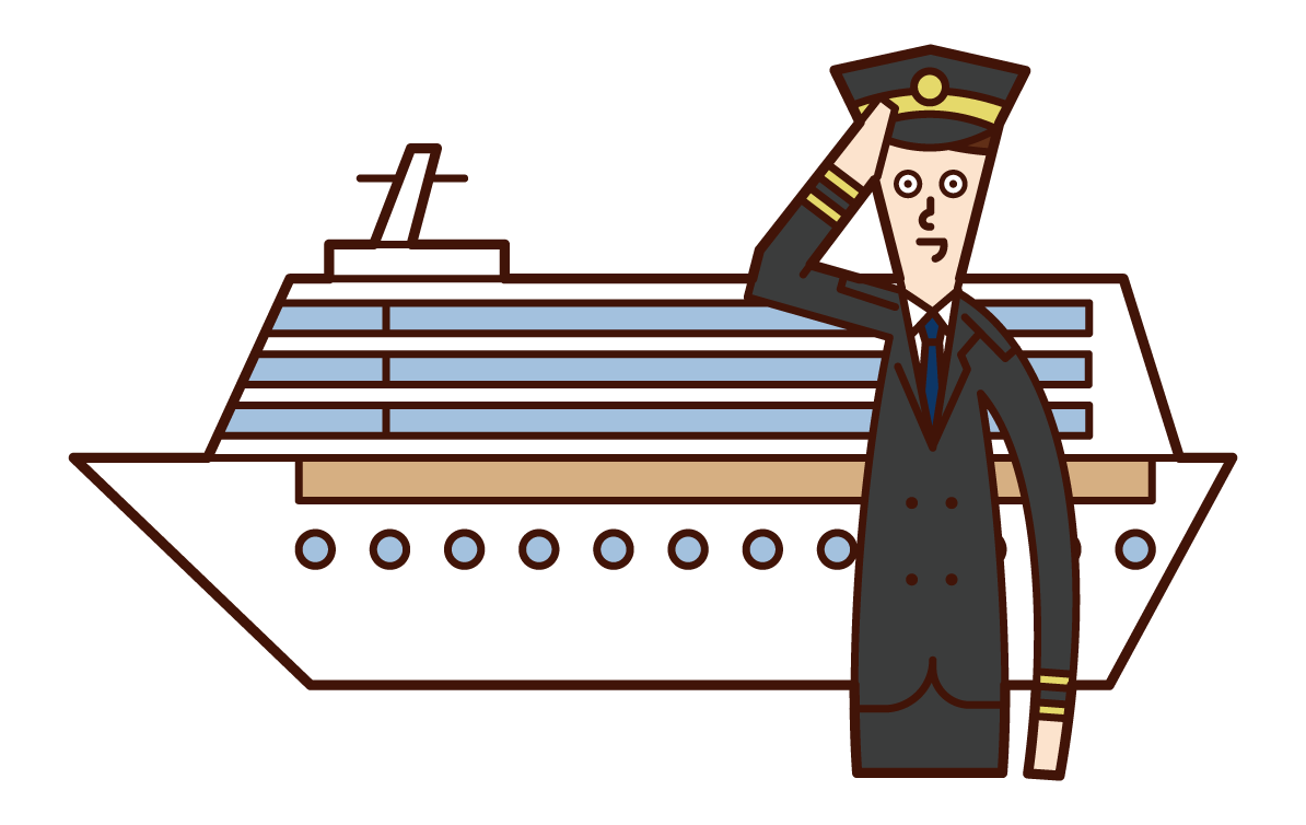 Illustration of a passenger ship and a captain (male)