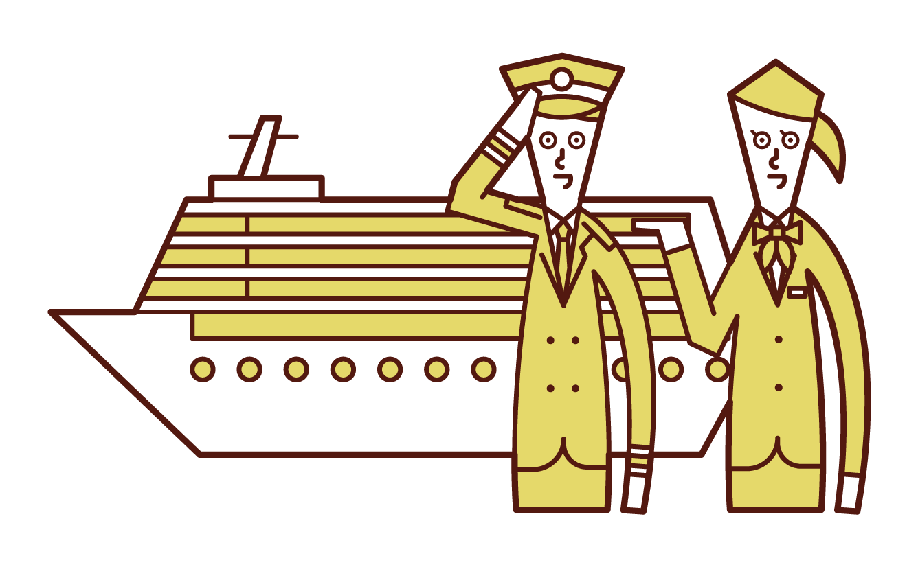 Illustration of a passenger ship, a captain and a flight attendant
